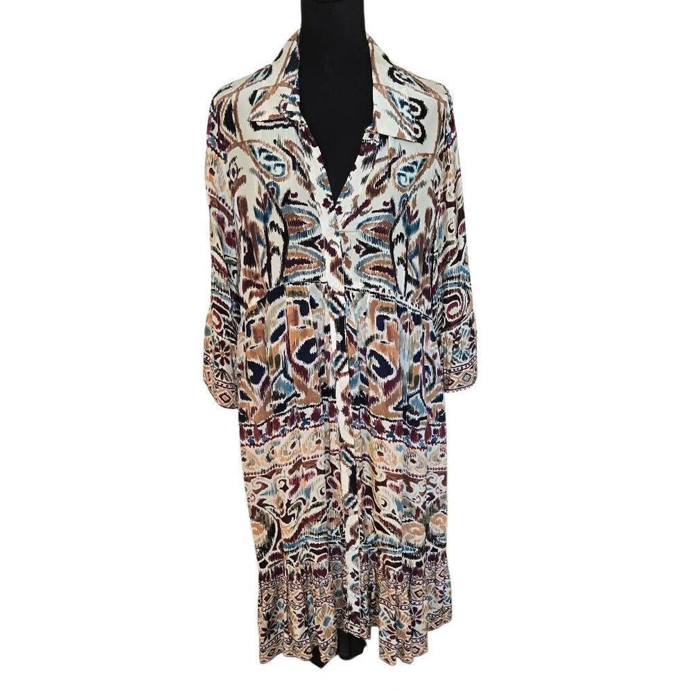 Shana Womens Silk Abstract Ikat Print Long Sleeve Midi Dress Multicolor Small